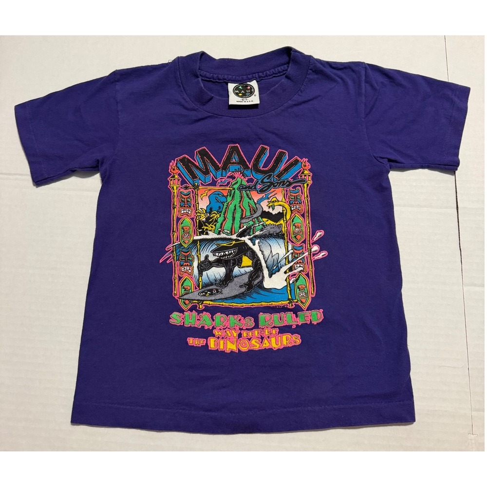 Vintage Maui and Sons Kids Purple Shark Surf Graphic Tee Size 6/7 Made in USA